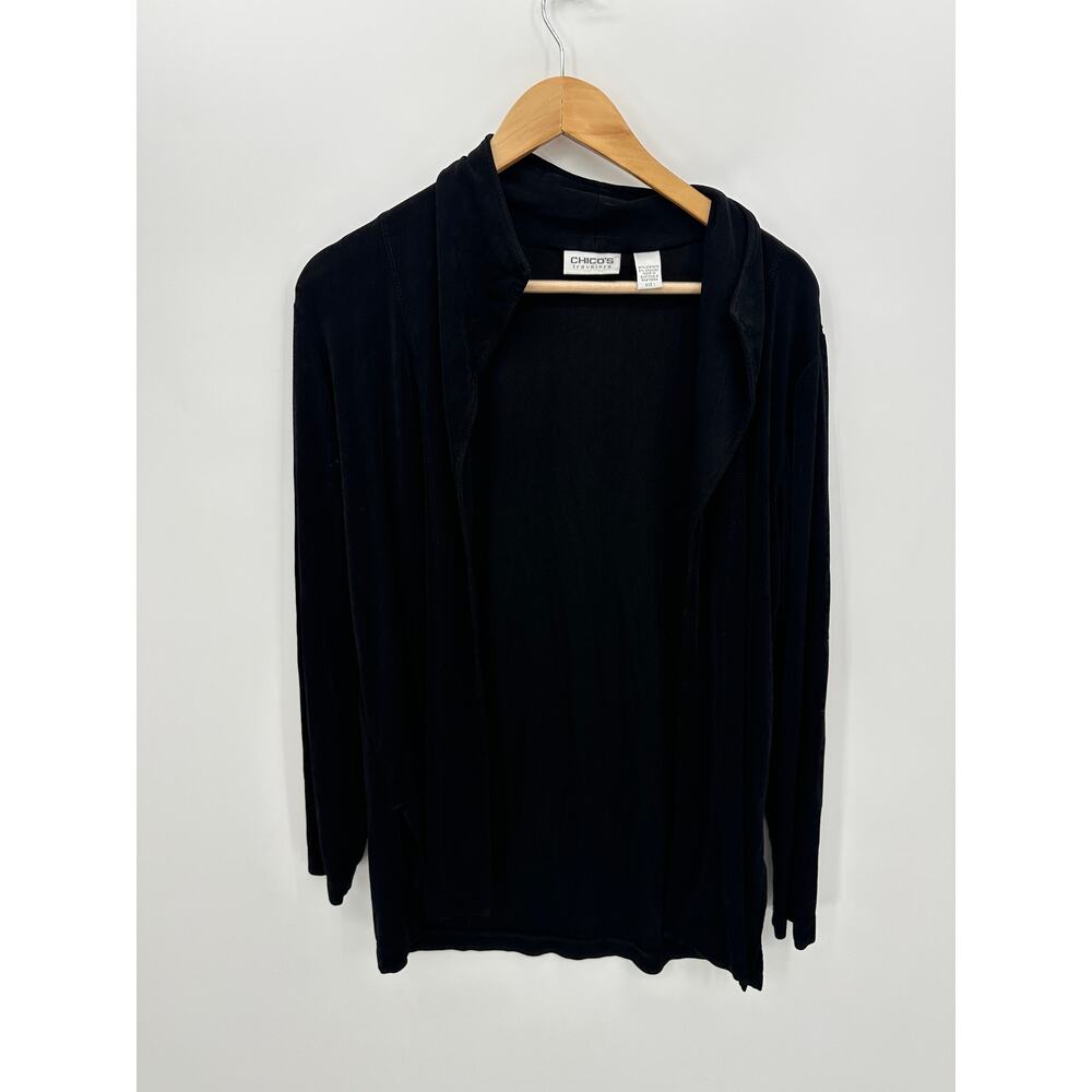 Chico's Travelers Womens Black Open Front Tunic Cardigan Size 1 M Slinky Stretch